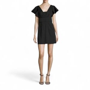 Milly Black Ruffle Sleeve Deep V-Neck Structured Sheath Dress‎ Sz 8 LBD Cocktail